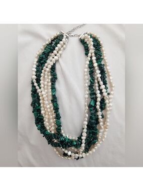NWOT Ross Simons Cultured Freshwater Pearl Malachite Torsade Necklace ! 20.5”